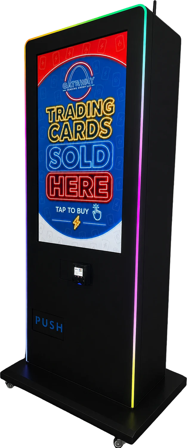 Slim Tower trading card vending machine with RGB edge lighting